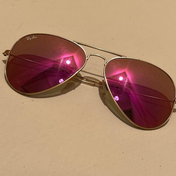 RayBan Aviator Sunglasses Classic Gold Metal Frames Pink Mirrored Lens With Case - Picture 2 of 10